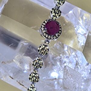925 Sterling Silver Bracelet 9"(adjustable) with Round Ruby 7mm & Sapphire Gems